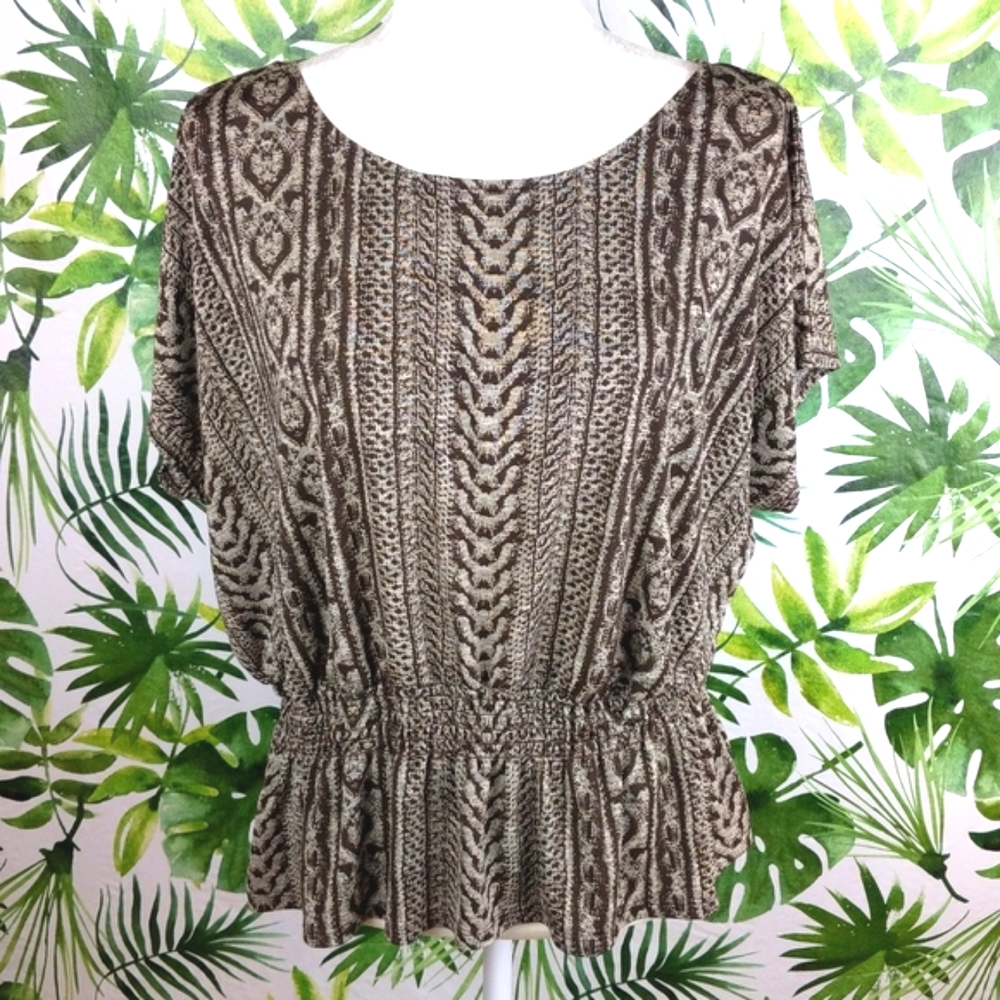 AB Studio Spotted Ruched Brown Blouse (Size: Large)